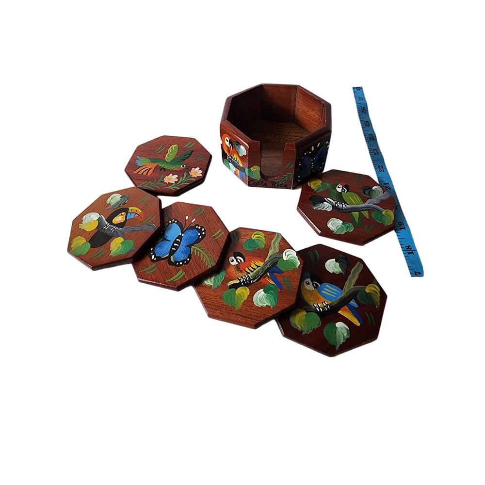 HAND PAINTED Wood Coasters Parrots Birds Flowers- Set of 6 with holder